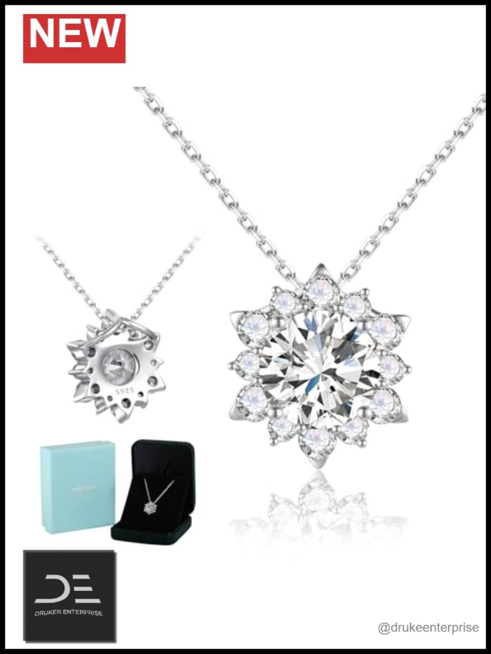 Snowflake Moissanite Pendant Necklace 4ct Sterling Silver Halo